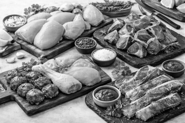 Marinated meats display